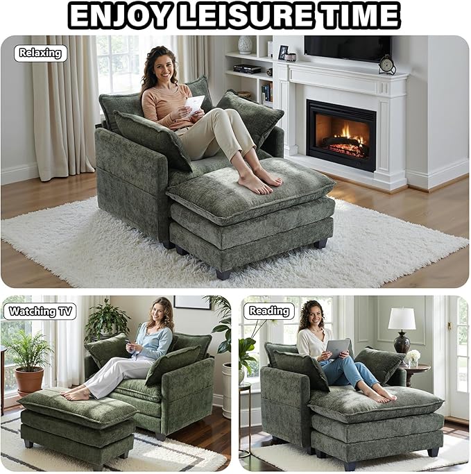 Oversized Accent Chair with OttomanChenille Sofa with Deep Seat and Upholstered Armrests Comfy Oversized ChairReading Chairs for BedroomLiving Room (Green)