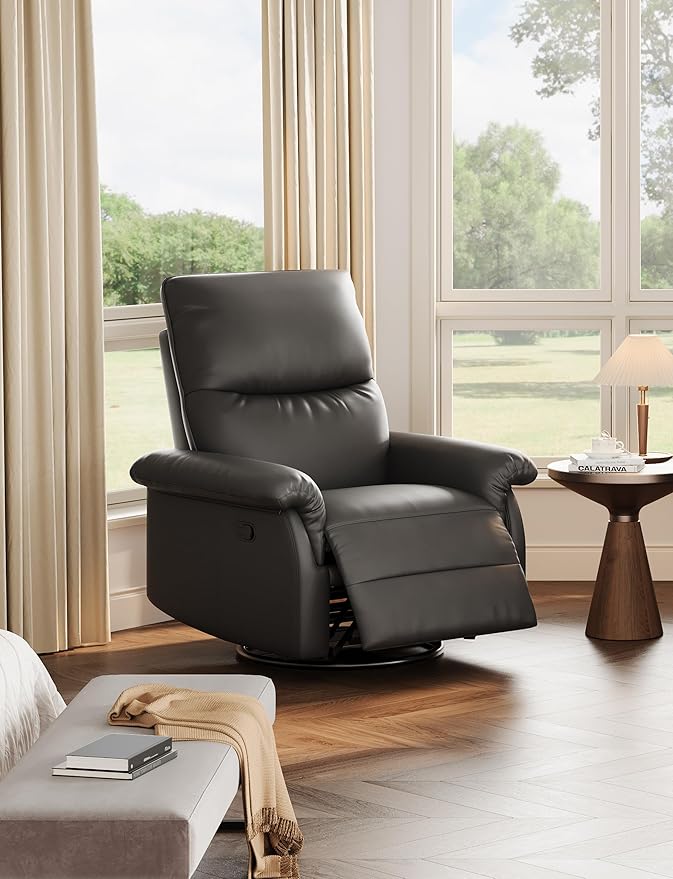 GAOMON Swivel Rocking Recliner Chair Manual Leather Recliner Glider with Lumbar Support &amp Padded Armrest Comfortable Rocker Nursery Single Sofa for Living Room and Bedroom (Black)