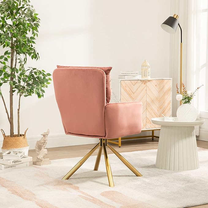 NORDICANA 180° Swivel Velvet Living Room Chair Modern Dining Armchair with Golden Legs Ergonomic Upholstered Accent Chair Single Sofa for Bedroom Reading Home Office Rose Pink