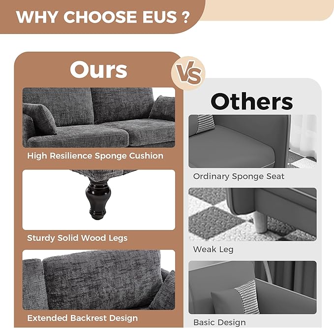 69 Loveseat Couch 2-Seat Upholstered Sofa Couch Mid-Century Modern Tufted Sofa with USB Charger LED Lights and Side Pocket Chenille Fabric Couches for Living Room Apartment (Gray)
