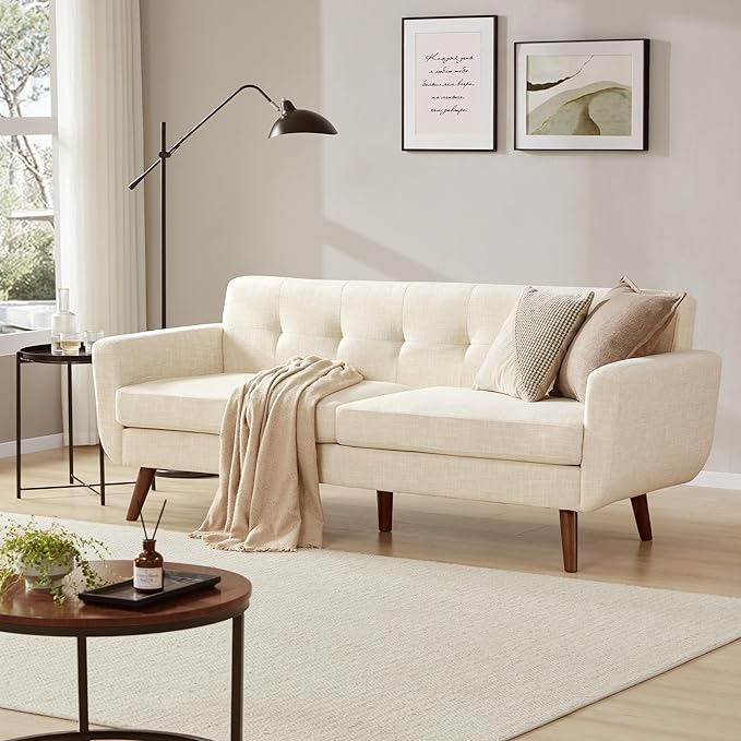 Tbfit 77.2 W Linen Sofa Couch Mid Century Modern Decor Loveseat Couches for Living Room Button Tufted Upholstered Small Couch for Bedroom Solid and Easy to Install Love Seats Furniture Beige | l