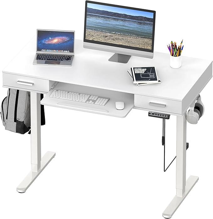 SHW 48-Inch Electric Height Adjustable Desk with Keyboard Tray and 2 Drawers White