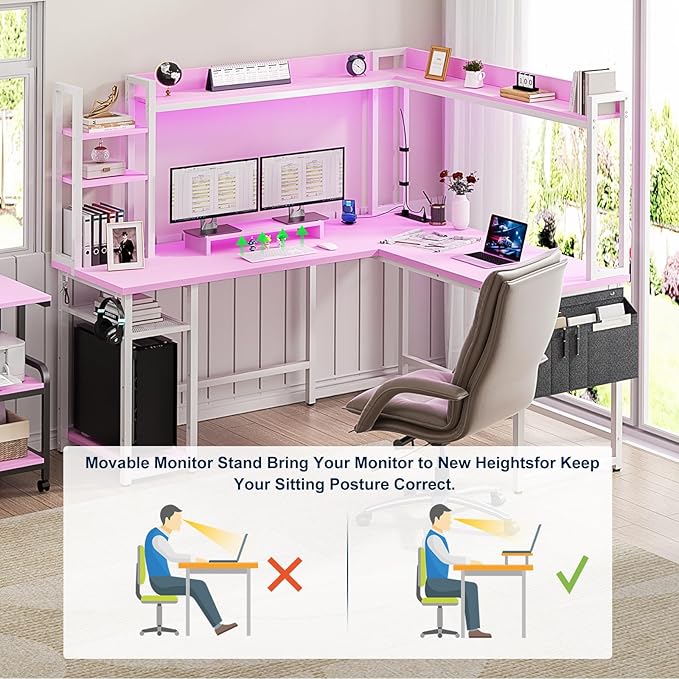 Aheaplus L Shaped Desk with Power Outlet L Shaped Gaming Desk with Led Light &amp Hutch Reversible Home Office Desk Corner Computer Desk with Monitor Stand &amp Storage Shelves Pink