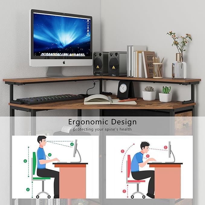 Corner Desk with Drawers Shelves for Small Space 90 Degrees Triangle Computer Desk with Power OutletsGaming Desk with LED Lights Monitor Stand for Home Office Workstation Writing Table (Brown)