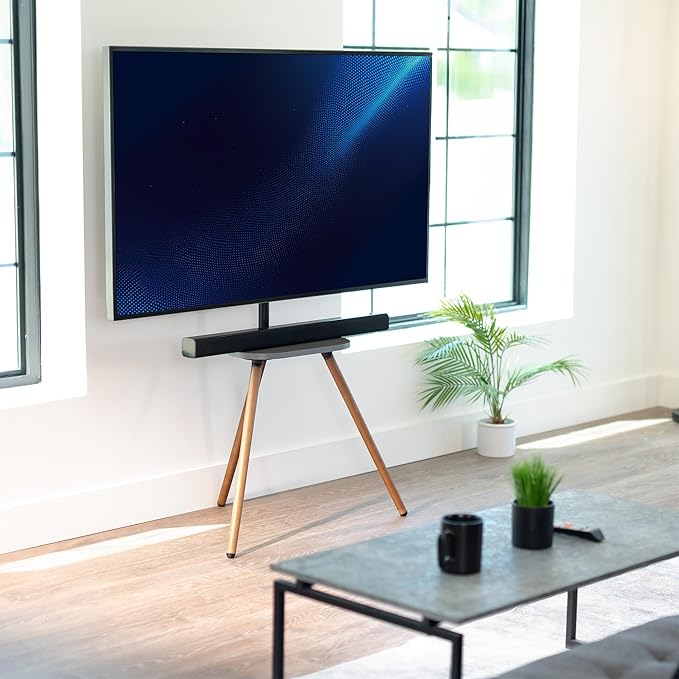 VIVO Artistic Easel 43 to 65 inch LED LCD Screen Studio TV Display Stand TV Mount with Swivel and Storage Shelf Tripod Base Black Bracket Dark Walnut Legs STAND-TV65A-S