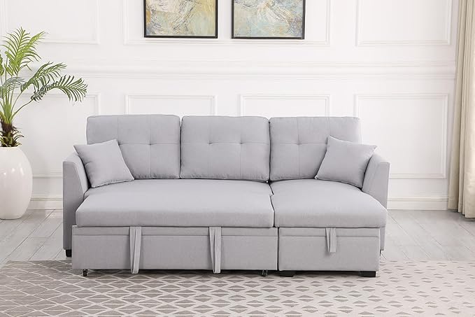 83 L-Shaped Sleeper Sectional Sofa with Storage Chaise &amp Cup Holders – Pull-Out Convertible Bed 3-in-1 Space-Saving Design for Apartments Modern Linen Fabric Easy Assembly