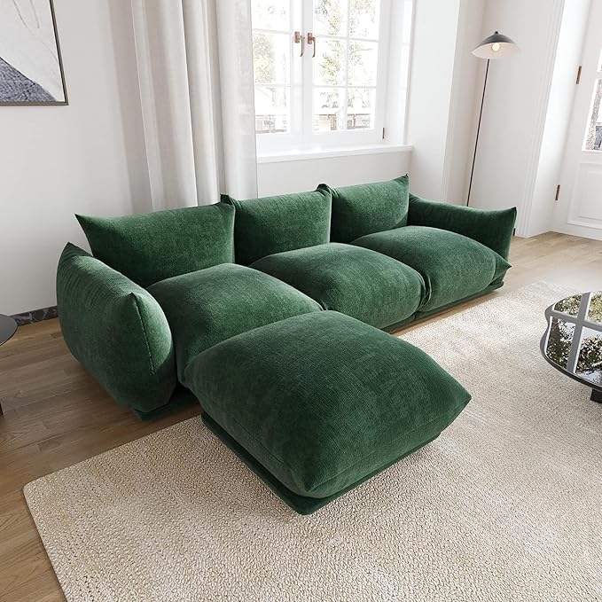 JACH 103 L-Shaped Sectional Sofa Modular Minimalist Chenille Sofas Couches Luxury Modern Couch with Reversible Chaise Ottoman for Living Room Apartment Green