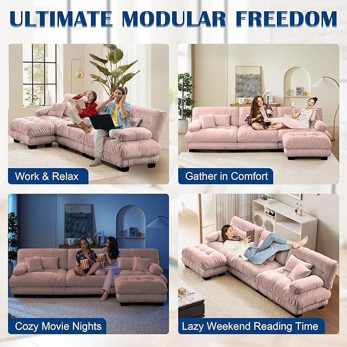 Oversized Cloud Couch Fluffy Sectional Couch for Living Room L Shaped Sofa with Movable Ottoman Chenille Pink
