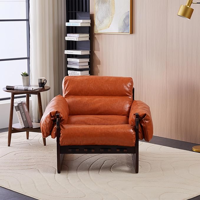 Mid-Century Modern Lounge Accent Chair Oil Waxed Leather Comfy Armchair with Thicked Cushion &amp Removable Armrests Upholstered Cozy Sofa Chairs for Living Room Bedroom Apartment Offices(Orange