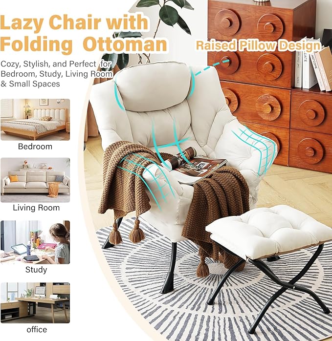 Lazy Chair with Ottoman Modern Accent Chair with Armrests and a Side Pocket Beige Accent Chairs Reading Chairs Oversized Armchairs for Bedroom Study Living Room Courtyard