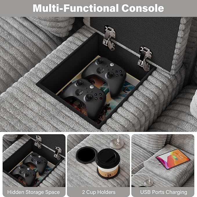 143 Oversized U Shaped Cloud Sectional Couches for Living Room Comfy Fluffy Corduroy Grey Boneless Couch Large Modular Sectional Sofa Set with Chaise Cup Holder USB Port Storage Console