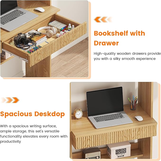 63 Tall Computer Desk with Hutch Fluted Wood Home Office Desk with Charging Station Drawer &amp Storage Cabinet Oak Workstation for Work &amp Study