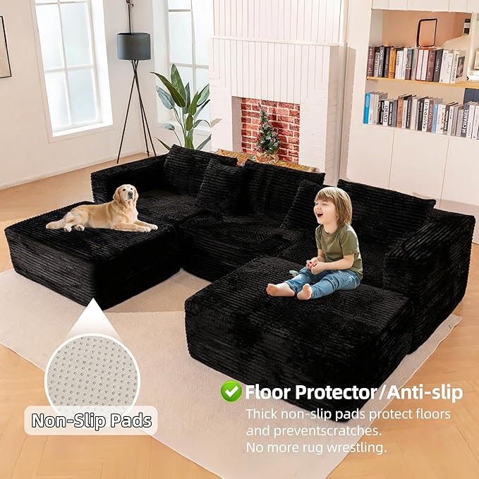 110 Modular Sectional Boneless Sofa with 2 Ottomans Corduroy U-Shaped Modular Sectional Sofa Convertible Cloud Couch with Deep Seats No Assembly Required (Black 110 3Seat+2 0ttoman)