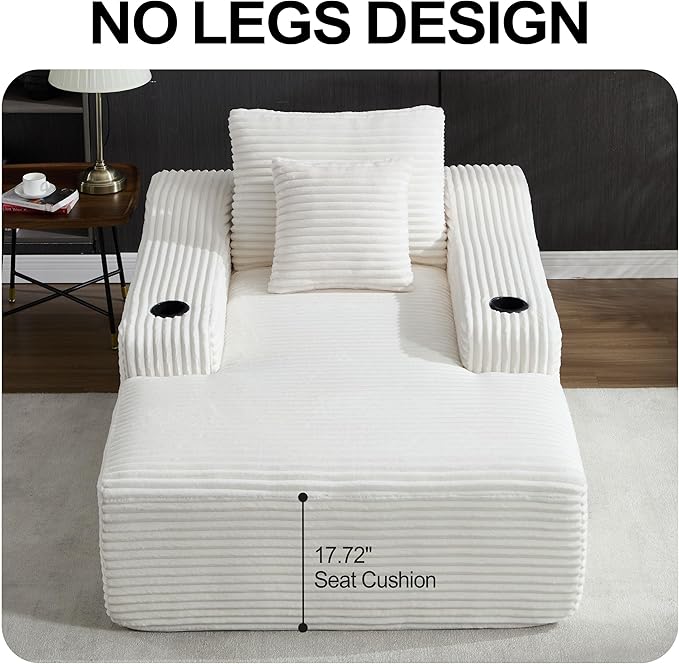 Chaise Lounge Chair Indoor Cloud Sofa Bed with Cup Holders Corduroy Upholstered Couch with 17.71 Seat High Lazy Sofa Bed for Living Room Apart Fully Assembled - White