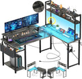 Aheaplus Small L Shaped Gaming Desk with LED Lights &amp Power Outlets Reversible L-Shaped Computer Desk with Monitor Stand &amp Storage Shelf Corner Desks Home Office Desk with Storage Bag Grey