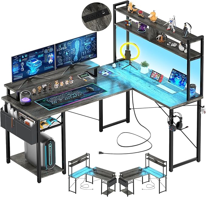 Aheaplus Small L Shaped Gaming Desk with LED Lights &amp Power Outlets Reversible L-Shaped Computer Desk with Monitor Stand &amp Storage Shelf Corner Desks Home Office Desk with Storage Bag Grey