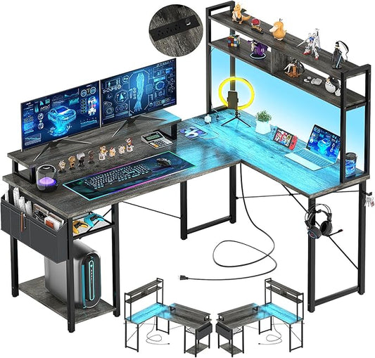 Aheaplus Small L Shaped Gaming Desk with LED Lights &amp Power Outlets Reversible L-Shaped Computer Desk with Monitor Stand &amp Storage Shelf Corner Desks Home Office Desk with Storage Bag Grey