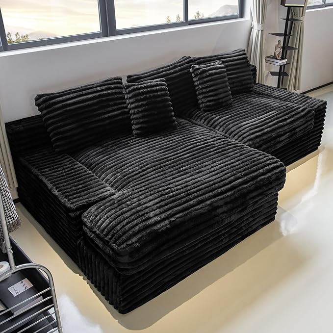 Black sectional couches for Living Room Corduroy Couch118 Cloud Sectional Couch with L-Shape Chaise Modern Modular Sofa Deep Seat Comfort No Assembly Required(Plush Corduroy Fabric)