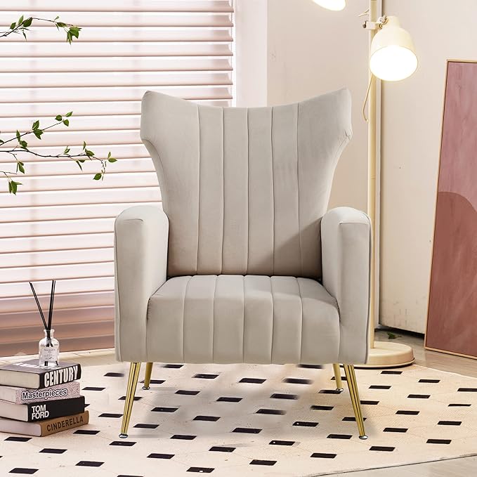 Modern Velvet Accent Chair with Arms Wingback Reading Chair with Gold Metal Legs Comfy Upholstered Single Leisure Sofa for Living Room Bedroom Club(Velvet+Grey)
