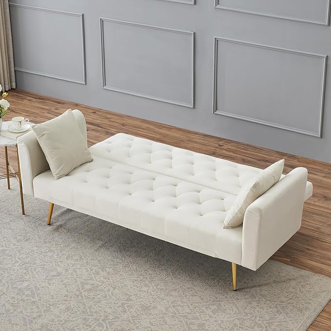 71 Modern Velvet Sofa Bed Futon Convertible Sleeper Couch with Adjustable Backrest Tufted Recliner Loveseat with Golden Chrome Legs &amp 2 Pillows for Small Spaces Living Room Apartment (Beige)