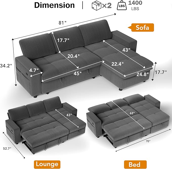 Vipbear Sectional Sleeper Couch with Pull Out Sofa Bed L Shaped Plush Corduroy Couch with Reclining Backrest &amp Storage &amp USB Charging Convertible Cloud Sectional Sofa Bed for Living Room Gr