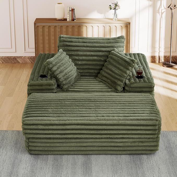 5-In-1 Oversized Chaise Lounge Chair Indoor with Ottoman54.5W Faux Fur Convertible Folding Sleeper Sofa Bed with Cup Holder&ampSide PocketComfy Boneless Couch Sofa Chair for Living RoomBedroom(Gr