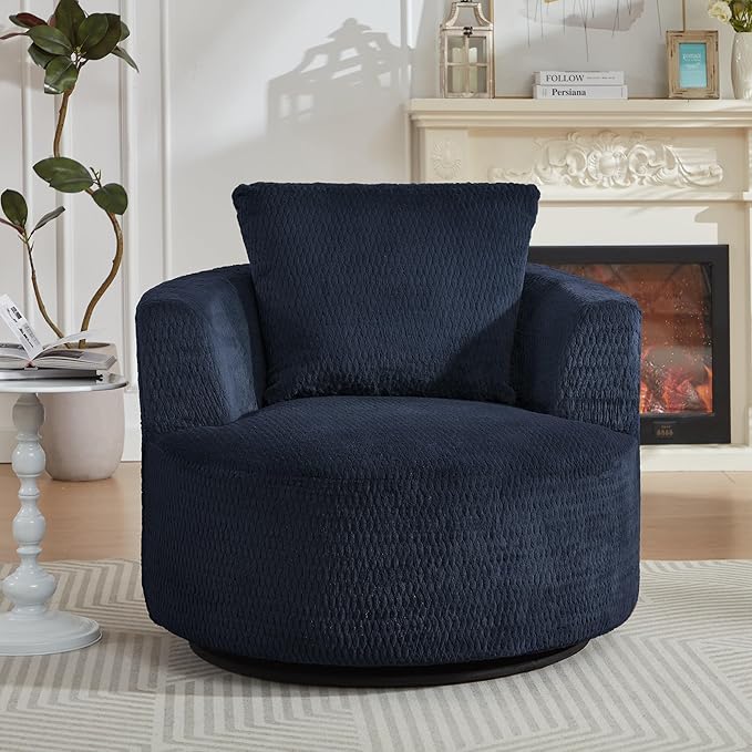 39.4″Wide Round Swivel Accent Barrel Chair Indoor Faux Fur Modern Comfort Upholstered Sponge Sofa Chair for Living Room BedroomOfficeClub (1 Dark Blue)