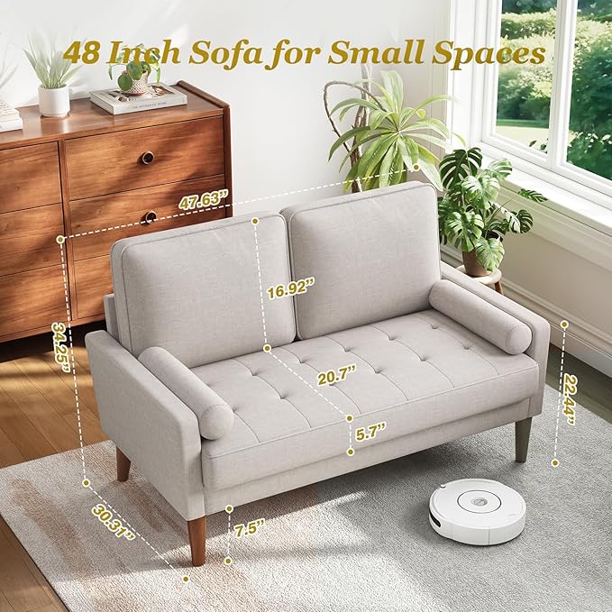 Vesgantti Loveseat Sofa with Solid Wood Legs 48 Small Couches for Small Spaces Love Seat for Living Room Bedroom Easy Assembly Mid Century Modern Couch with Throw Pillow for Apartment Ashbeige