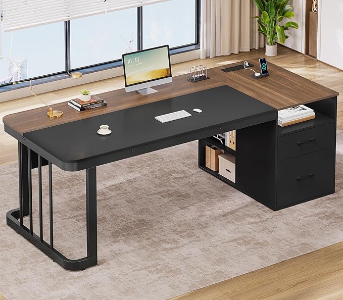 70.9 Executive Desk with Power Outlet Large Office Desk with Drawers &amp Lateral File Cabinet Long Computer Desk with Adjustable Storage Shelves Modern Workstation Business Furniture (Walnut)