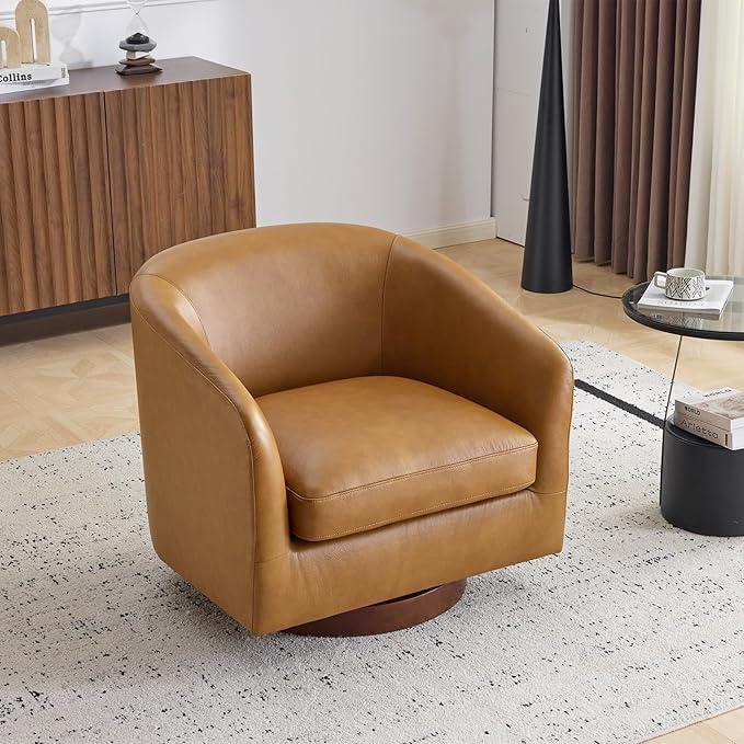 AEDI Genuine Leather Swivel Accent Chair Barrel Chair for Living Room Light Camel