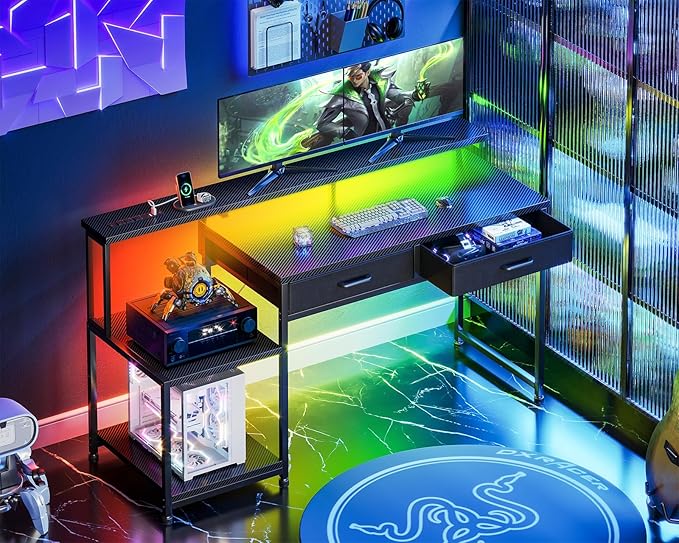 ODK Gaming Desk with Led Lights &amp Power Outlet 55 Inch Computer Desk with Drawers Office Desk with Large Display Storage Shelves Reversible Desk with Monitor Stand for Home Carbon Fiber Black