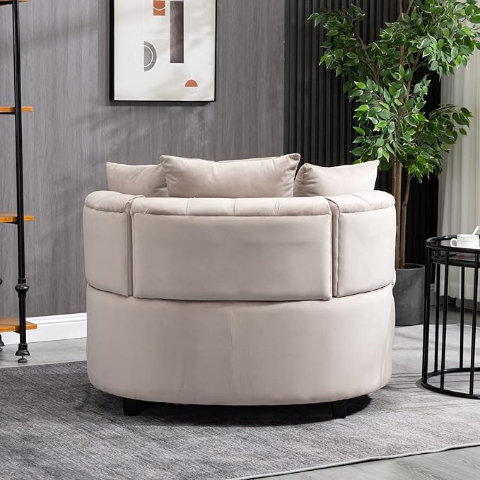 Round Accent Chair 40” Modern Velvet Sofa Chair with 3 Pillows Comfy Upholstered Tufted Club Lounge Chair for Living Room BedroomKhaki