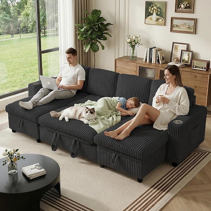 Modular Sectional Sleeper Sofa with Pull Out Bed Plush Corduroy U Shaped Couch with Storage Chaise USB Ports Cup Holders Comfy Cloud Couches for Living Room Black