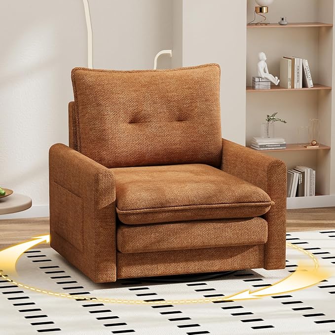Cozy Swivel Accent Chair Modern Oversized Single Sofa with Armrest Comfy Upholstered Armchair Sofa Large Chenille Accent Chair for Living Room Bedroom Reading Room Brown