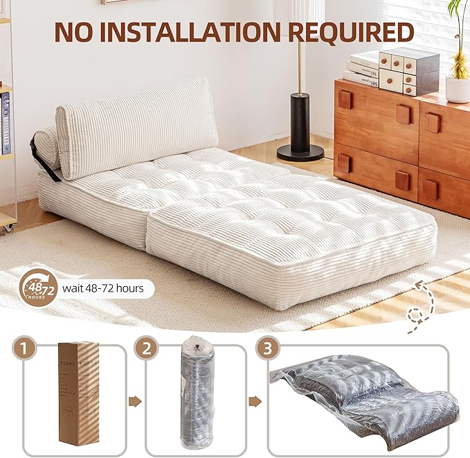 GYUTEI Folding Sofa Bed Convertible Sleeping Chair with Backrest Support and Soft Corduroy FabricFold Couch Bed with Pillow for Small Spaces/Living Room/Bedroom/Apartment Single SizeBeige