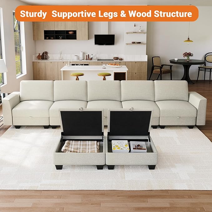 140 Large u Shaped Couch Oversized Modular Sectional Sofa with Storage Ottoman 7-Seater Comfy Combination Sofa Deep Seat Couches for Living Room Beige