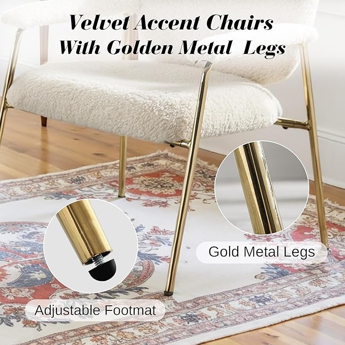 Accent Chair Set of 2 Sherpa Upholstered Armchair Reading Side Chair Comfy Living Room Chair with Gold Metal Legs for Bedroom Waiting Room Beige