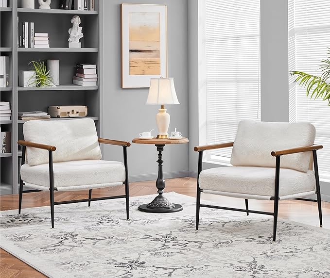 Yaheetech Accent Chair Modern Vanity Chair Boucle Fabric Lounge Chair with Metal Frame Plush Back Pillow and Seat Cushion Pocket Coil Seat for Living Room Bedroom Makeup Room Ivory