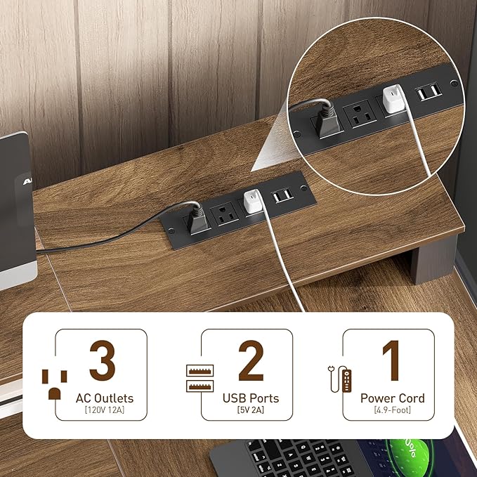 Farmhouse L Shaped Desk with Drawers 53 Inch Executive Desk with File Cabinet and Monitor Stand Wooden Corner Computer Desk with Power Strip for Home Office Work and Study Black and Walnut