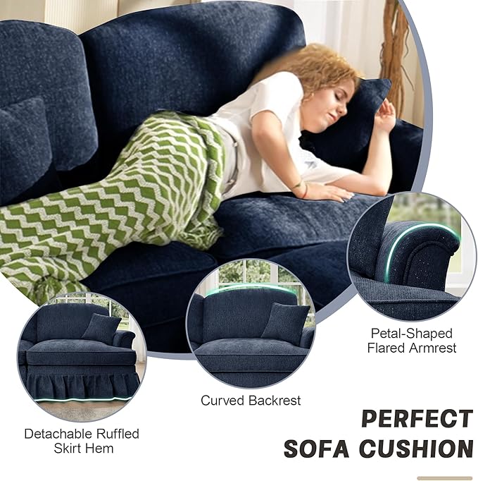 healthomse Modular Sectional Sofa Couch Comfy Chenille Four-Seat Sofa with Removable Ruffles Pleats Skirts Elegant Mid Century Sofa Couch for Living Room Bedroom (Blue 137.8inch+1 Ottoman)