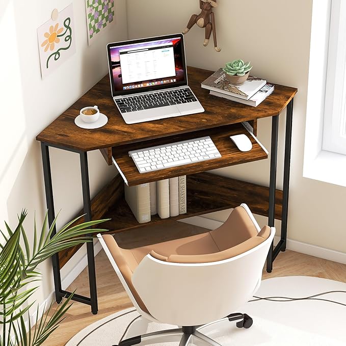 Corner Desk Triangle Computer Desk with Power Outlets Small Desk for Small Spaces Compact Makeup Vanity Desk with Storage Shelf &amp Keyboard Tray Home Office Workstation for Bedroom