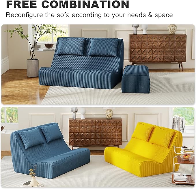 Giant Bean Bag Chair for Adults - Indoor Chaise Lounge with Pillows &amp Ottomans Upholstered Loveseat Floor Sofa Chair for Reading Gaming Napping and Movies (Royal Blue)