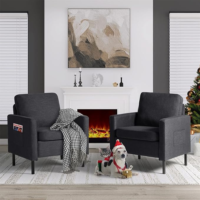 STHOUYN Fabric Comfy Small Accent Chair Set of 2 Living Room Bedroom Chairs Reading Arm Chair for Adults Suitable Small Spaces Office Couch Dark Grey (2 Dark Grey)