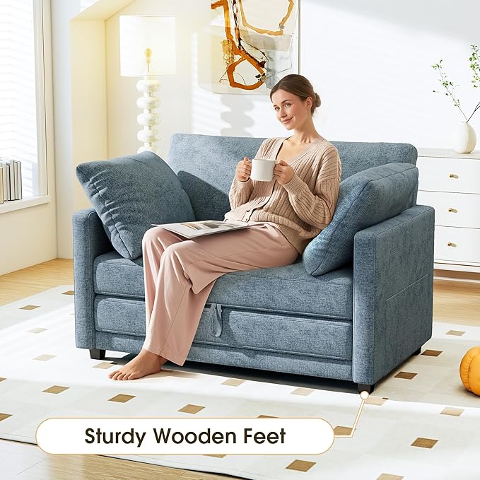 51 Convertible Loveseat Sofa Bed 2-in-1 Folding Sofa Bed with 2 Pillow for Small Spaces Modern Loveseat Sleeper Couch for Apartment Living Room &amp Guest Room (Light Blue)