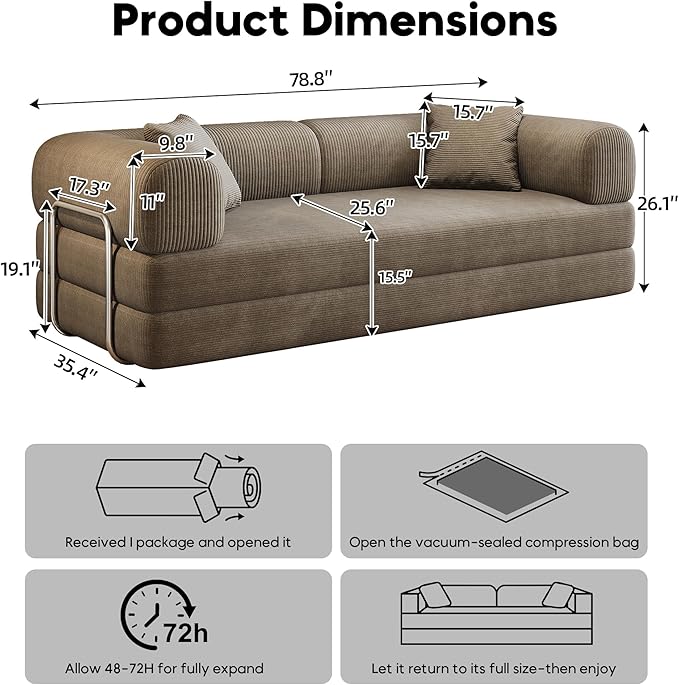 79 Convertible Sleeper Couch Bed Modern Corduroy Floor Sofa Bed with Silver Fixed-Shape Frame Modular Sofa with Pull Out Bed Loveseat Sleeper Boneless Couch for Living RoomCamel