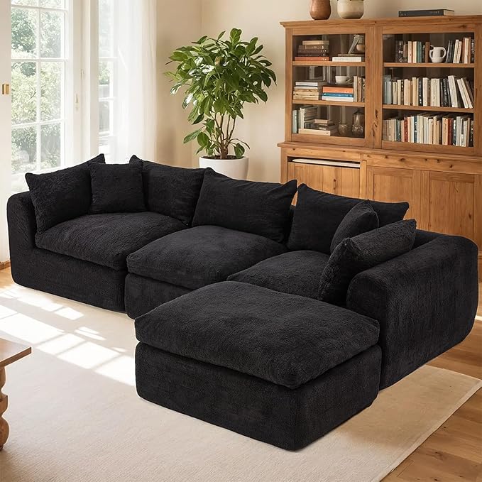 AVAWING 113 Modular Sectional Sofa Modern L Shaped Cloud Couch with Deep Seat &amp Ottoman Comfy Soft Boneless Sofa with Chaise for Living Room &amp Bedroom No Assembly Needed (Black)