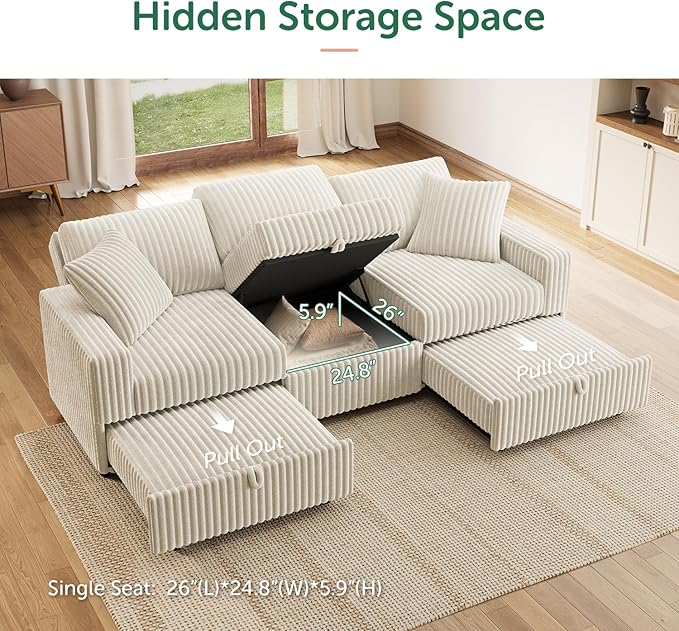 HONBAY 94.5 Inch Sectional Sofa Modular L &amp U Shaped Pull Out Couch with Adjustable Backrest &amp Storage Velvet White