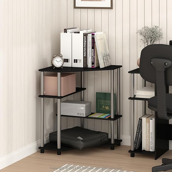 Furinno TURN-N-TUBE Desk Corner Gaming Desk with Storage Shelves Corner Computer Desk Office Desk for Home Office Bedroom Americano/Stainless Steel Tubes