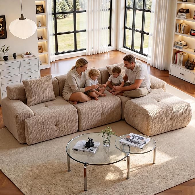 104 Modular Sectional SofaModern L-Shaped Couch Boneless Couch Filling with Spring and Foam Soft Pineapple Lattice Material with Movable Ottoman for Living Room - No Assembly