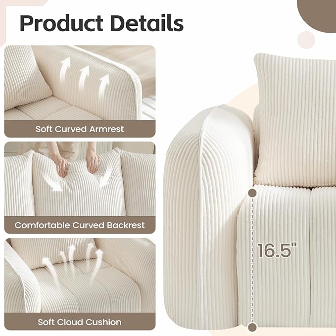 Bean Bag Chair for Adults Boneless Accent Chair Single Sofa Couch Chair Cozy Corduroy Arm Chair for Living Room Lounge Floor Memory Foam Couches for Small Spaces Bedroom Apartment White